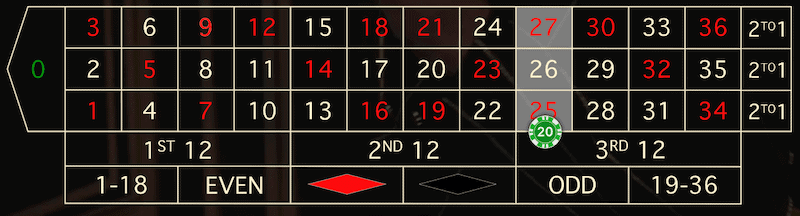 roulette betting interface with a bet placed on a street.