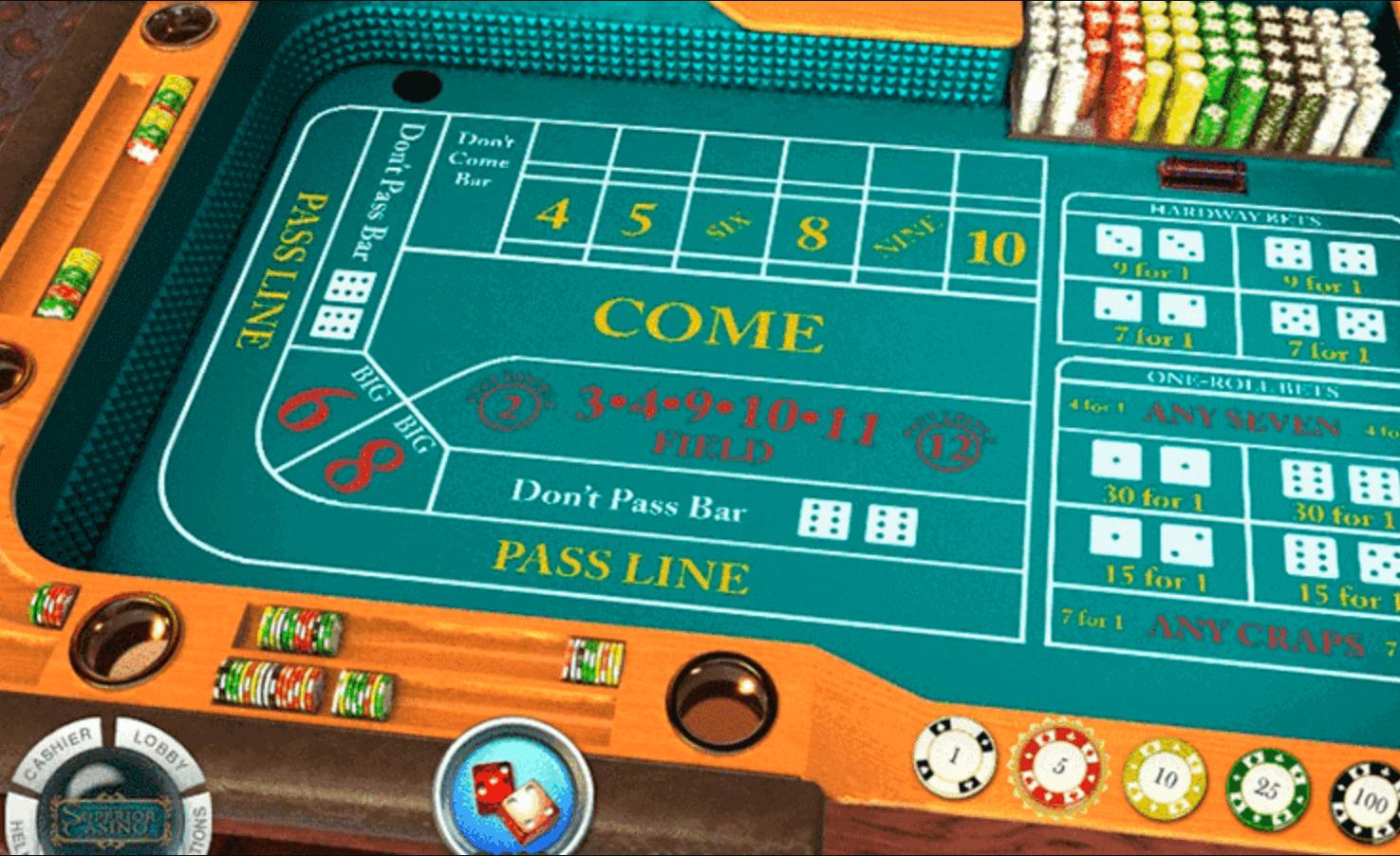 An RNG craps table felt betting options