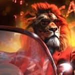 animated image of the Fortune Play mascot, the lion, dressed in a red jacket, sitting in the front of a cabbed down car.