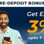 screenshot of the promotion banner with the text "Re-deposit bonus," "get extra 3% up to 1500 INR"