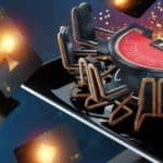 digital image of a casino table and chairs with spotlights around it.