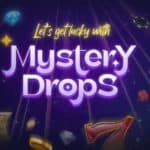 the text "let's get lucky with mystery drops" in a quirky font with a dark purple backdrop of various common slot feature icons.