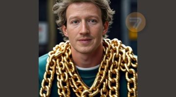 The face of Meta's founder, Mark Zuckerberg, with AI-added colossal gold chain and golden hair.