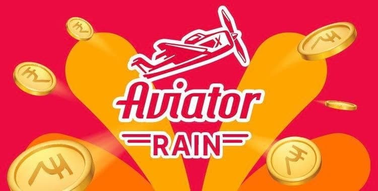 The Aviator game's main character, the red plane, is flying above an "Aviator Rain" inscription surrounded by golden rupee coins.