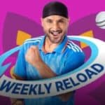 A smiling cricketer with a raised fist, a flying cricket ball, and a cycling arrow rotating around the cricketer with an inscription saying "Weekly Reload." A sign "Top Event" is seen in the bottom left-hand corner.