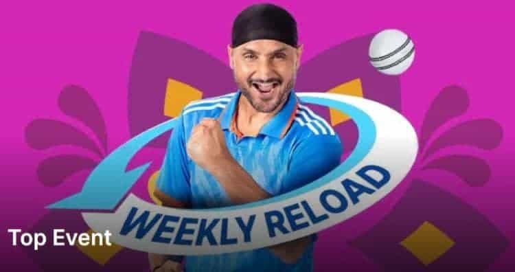 A smiling cricketer with a raised fist, a flying cricket ball, and a cycling arrow rotating around the cricketer with an inscription saying "Weekly Reload." A sign "Top Event" is seen in the bottom left-hand corner.