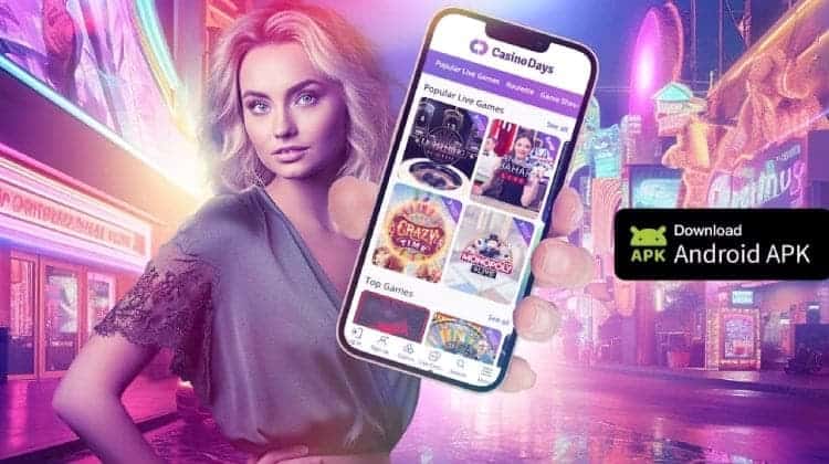 A lady is holding a smartphone that shows the Casino Days App interface. The background is neon-lit urban, and there is a sign saying "Download Android APK." Win Up To ₹50,000 Bonus in Casino Days' Monthly Raffle!