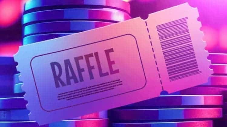 A "Raffle" ticket with a barcode on the background of casino chips.