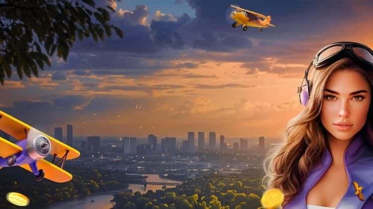 A picturesque urban skyline at dusk with a large river flowing into the city. A lady with aviator's goggles on top of her head, two yellow planes, and a couple of golden coins are seen in the foreground.