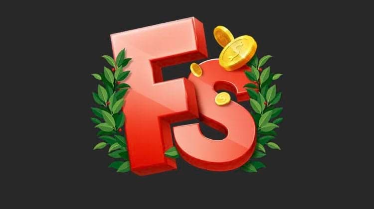 The letter abbreviation “FS” for Free Spins in 3D red with laurels and golden $-marked coins.