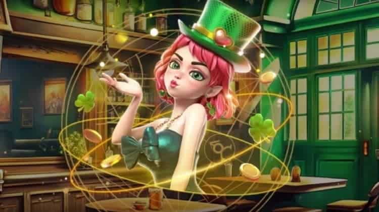 Irish-themed in-game characters and assets from the Clover Quest tournament games, including a green-eyed ginger girl, clover leaves, and golden coins.