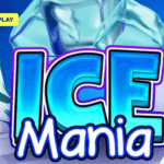 ilustração de uma grande pedra de gelo com a logo do jogo Ice Mania e logo da provedora Evoplay.