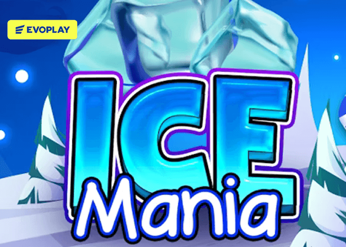 ilustração de uma grande pedra de gelo com a logo do jogo Ice Mania e logo da provedora Evoplay.