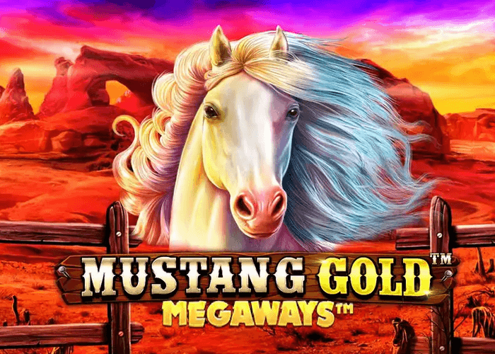 cabeça de um cavalo branco em meio a paisagem do Velho Oeste, com a logo do slot Mustang Gold Megaways.