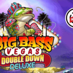 ilustração de um peixe sobre um letreiro iluminado, com a logo do jogo Big Bass Vegas Double Down Deluxe.