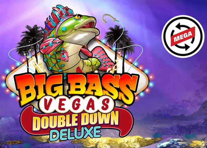 ilustração de um peixe sobre um letreiro iluminado, com a logo do jogo Big Bass Vegas Double Down Deluxe.