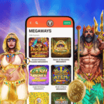 ilustração de Cleópatra e Poseidon ao lado de um celular, com jogos de cassino na tela.