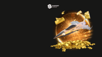 in-game features like gold coins and the JetX aircraft and the Smartsoft logo on a black background.