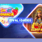 do lado esquerdo a logo do jogo Sweet Bonanza e do lado direito a logo do jogo Heart of Cleopatra, contrastando com a palavra Rivalidades no centro.