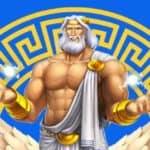 Zeus, an in-game character from the Rise of Olympus Origins tournament slot, is holding his two lightning bolts.