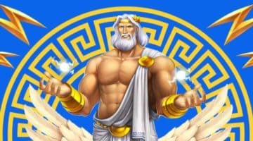 Zeus, an in-game character from the Rise of Olympus Origins tournament slot, is holding his two lightning bolts.