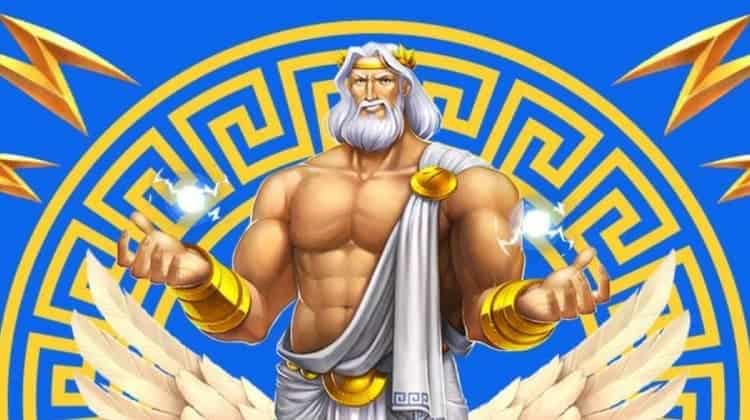 Zeus, an in-game character from the Rise of Olympus Origins tournament slot, is holding his two lightning bolts.