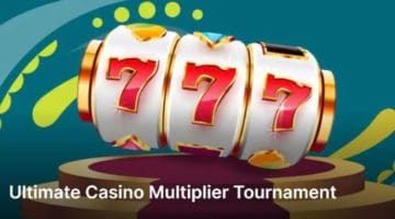 Three slot machine reels show the number "7" in red. The words "Ultimate Casino Multiplier Tournament" are visible below.