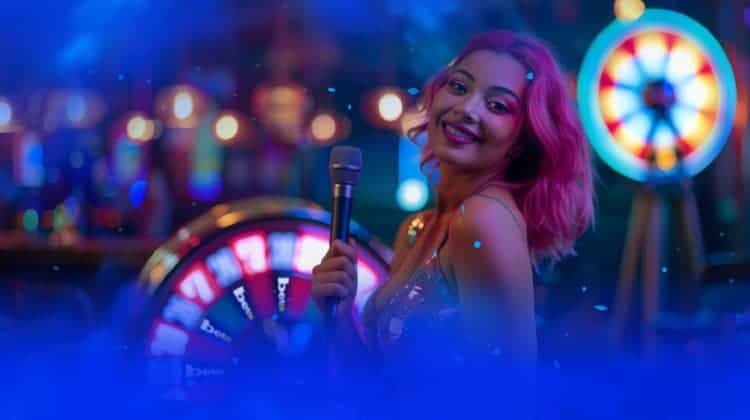 A smiling girl holds a microphone. Two large money wheels are visible in the blurry neon-lit background.