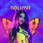 A smiling girl in a futuristic outfit stands in front of butterfly wings. The words "Nolimit City" are written above.