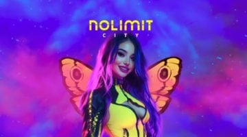 A smiling girl in a futuristic outfit stands in front of butterfly wings. The words "Nolimit City" are written above.