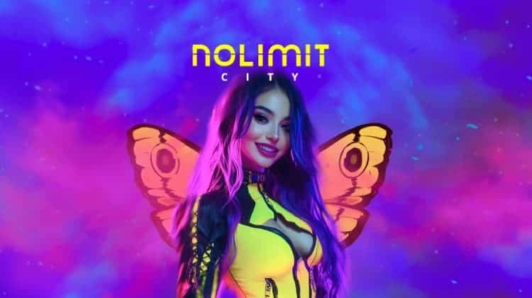 A smiling girl in a futuristic outfit stands in front of butterfly wings. The words "Nolimit City" are written above.