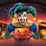 Characters and assets from the participating games, a spooky jester holding a carved pumpkin, an open treasure chest, and a closed magic book.