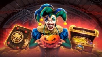 Characters and assets from the participating games, a spooky jester holding a carved pumpkin, an open treasure chest, and a closed magic book.