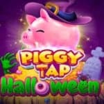 The Piggy Bank in-game character stands over a pile of golden coins and Halloween decorations. Coins, a diamond, and a heart-shaped ruby fly over the spooky background.