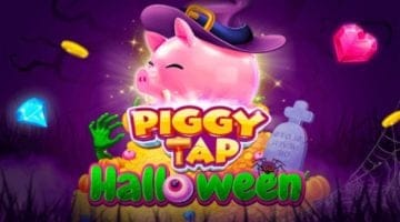 The Piggy Bank in-game character stands over a pile of golden coins and Halloween decorations. Coins, a diamond, and a heart-shaped ruby fly over the spooky background.