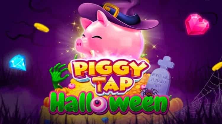 The Piggy Bank in-game character stands over a pile of golden coins and Halloween decorations. Coins, a diamond, and a heart-shaped ruby fly over the spooky background.