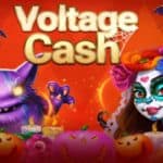 A goblin, a bride with a painted face and flowers on her head, Halloween pumpkins, and a couple of bats flying around the words "Voltage Cash."