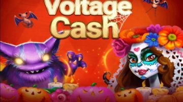 A goblin, a bride with a painted face and flowers on her head, Halloween pumpkins, and a couple of bats flying around the words "Voltage Cash."