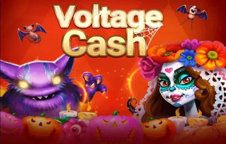 A goblin, a bride with a painted face and flowers on her head, Halloween pumpkins, and a couple of bats flying around the words "Voltage Cash."