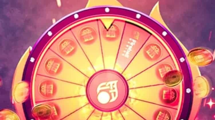 A large money wheel on fire with gift sectors rotates while golden coins fly around it.