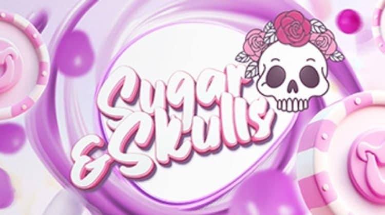 A skull with a crown of roses next to the words "Sugar & Skulls" against a sugary background.