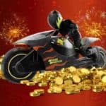 Lakhy the Tiger, Parimatch's Official Brand Hero, riding his black motorbike with the Parimatch logo on top of a pile of golden coins.