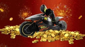 Lakhy the Tiger, Parimatch's Official Brand Hero, riding his black motorbike with the Parimatch logo on top of a pile of golden coins.