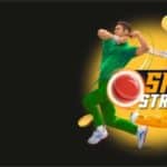 Two cricketers in play action with flying golden coins around them, the words "Spin" and "Strike," and the Turbo Games logo.