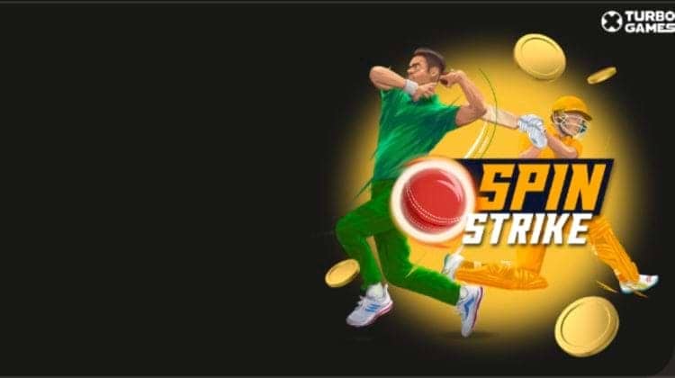 Two cricketers in play action with flying golden coins around them, the words "Spin" and "Strike," and the Turbo Games logo.