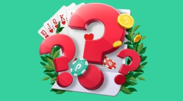 Three red question marks over a full house of hearts, green laurels, golden coins, and two chips with Pin-Up Casino's logo.