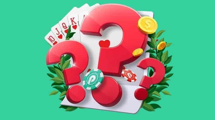 Three red question marks over a full house of hearts, green laurels, golden coins, and two chips with Pin-Up Casino's logo.