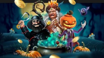 Spooky in-game characters around a boiling cauldron. Halloween pumpkins, a walking hand, some other creepy creatures, and flying golden coins.