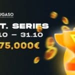 A golden cup bearing the Fugaso logo and flying golden coins. Text saying "Fugaso, Future Gaming Solutions, Oct. Series, 01.10 - 31.10, 375,000€."