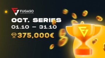 A golden cup bearing the Fugaso logo and flying golden coins. Text saying "Fugaso, Future Gaming Solutions, Oct. Series, 01.10 - 31.10, 375,000€."